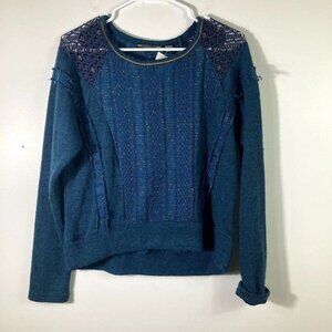 Womens Miss Me Frayed Distressed Sweater Green Gold Blue Designs S NWT Flaw